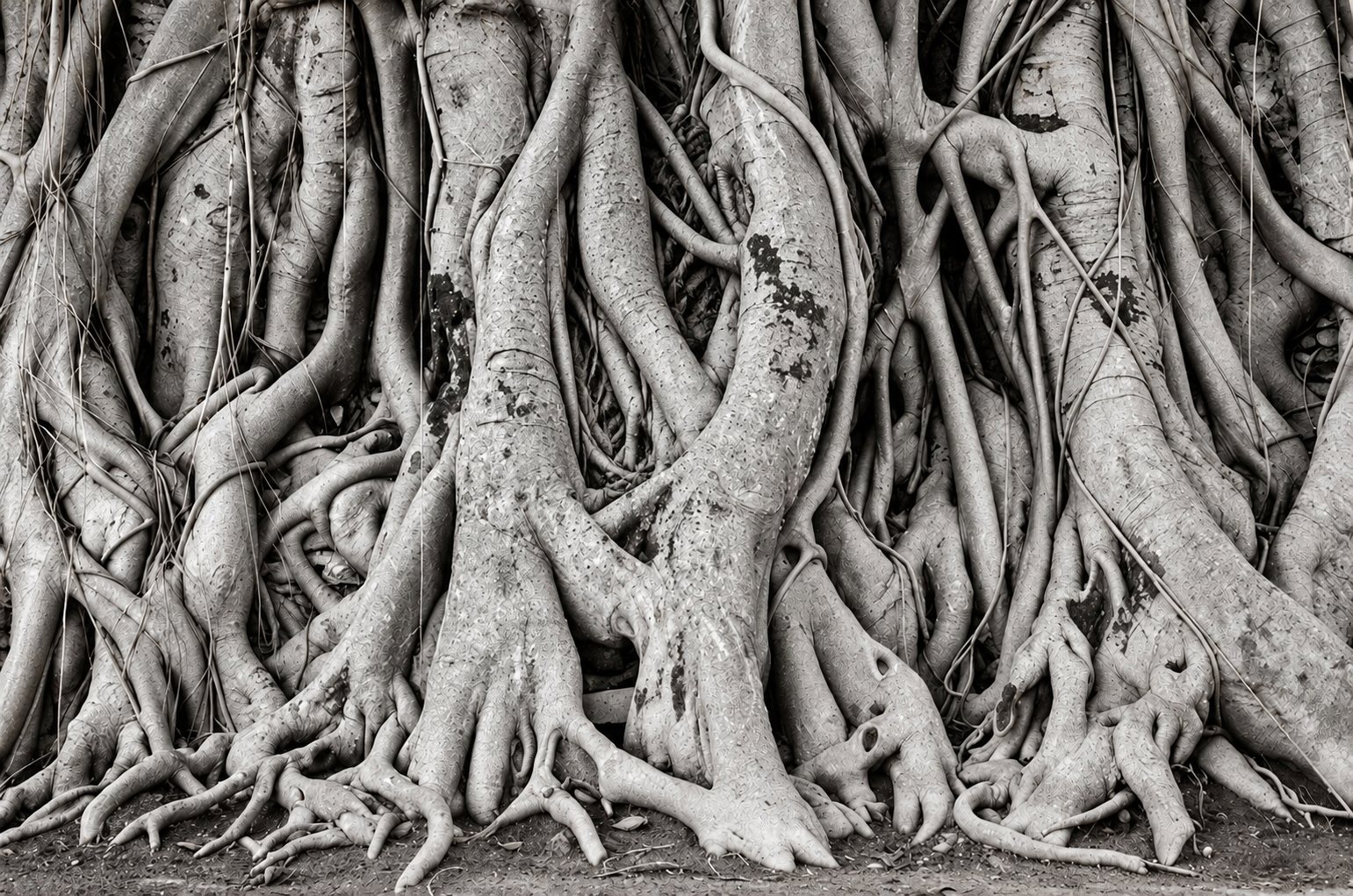Racines d’arbre entrelacées, détail en noir et blanc